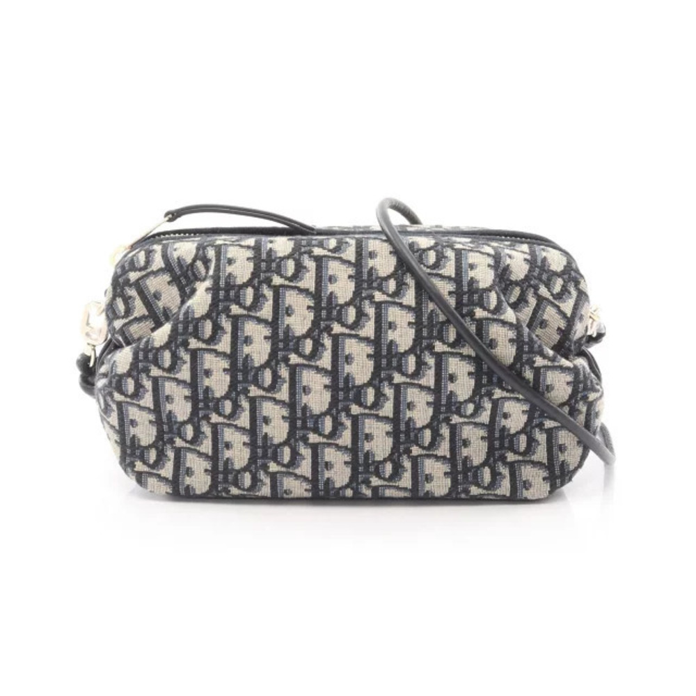 Christian Dior Bow Oblique Shoulder Bag Canvas Leather Navy Blue Beige Cream New
